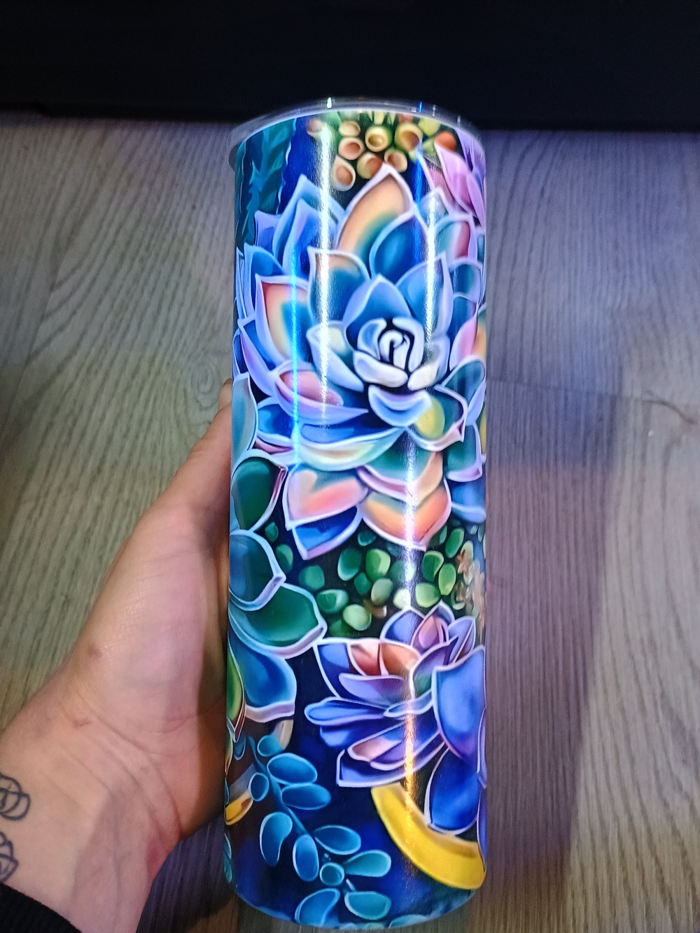 Handmade 20oz Skinny Tumbler Glow in the Dark Colorful Succulent Floral Cup